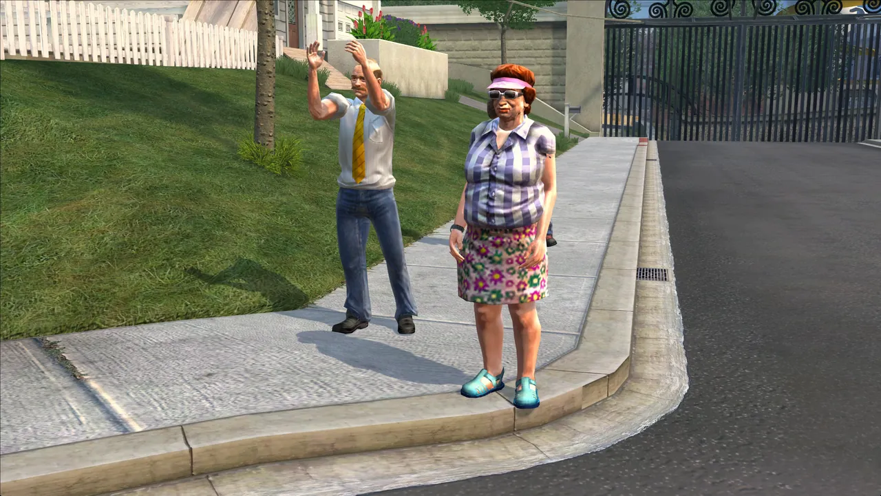 Two pedestrians placed by a mod stand on a Houses sidewalk, one waving