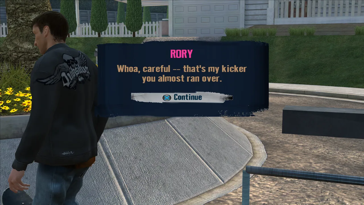 In game: Rory's dialogue box says 'Whoa, careful, that's my kicker you almost ran over.'