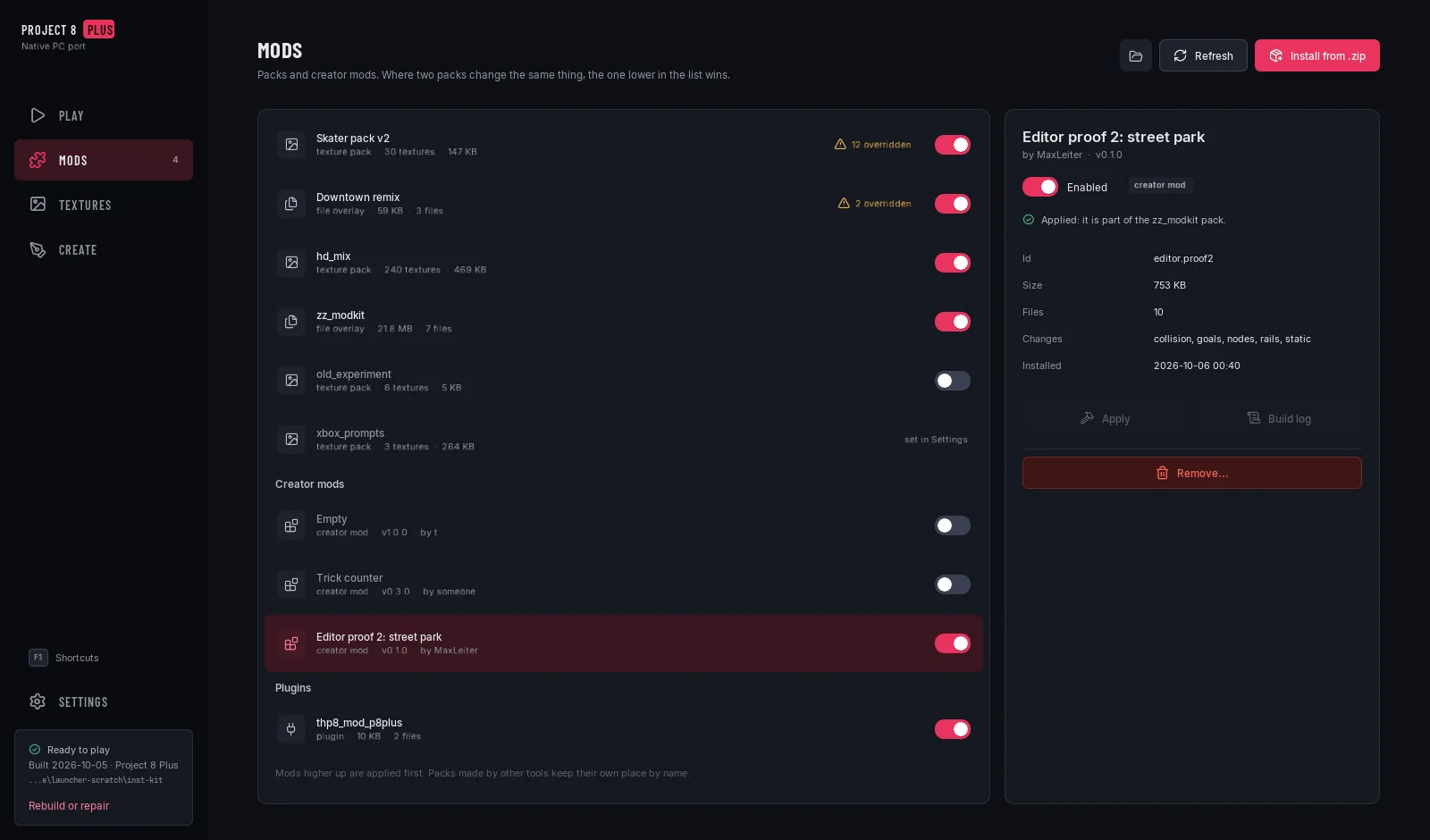 The launcher's Mods page: installed packs with on and off switches, and the details of the selected pack