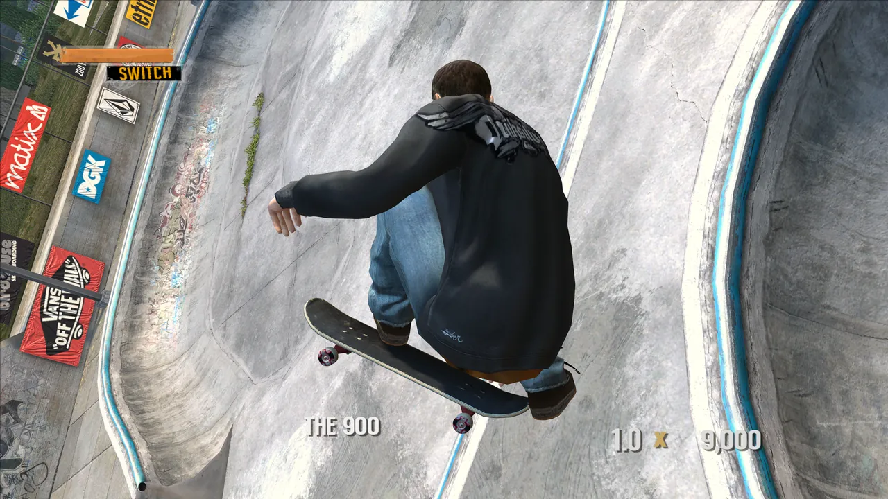 Tony Hawk at the peak of a 900 over the Cretepark bowl