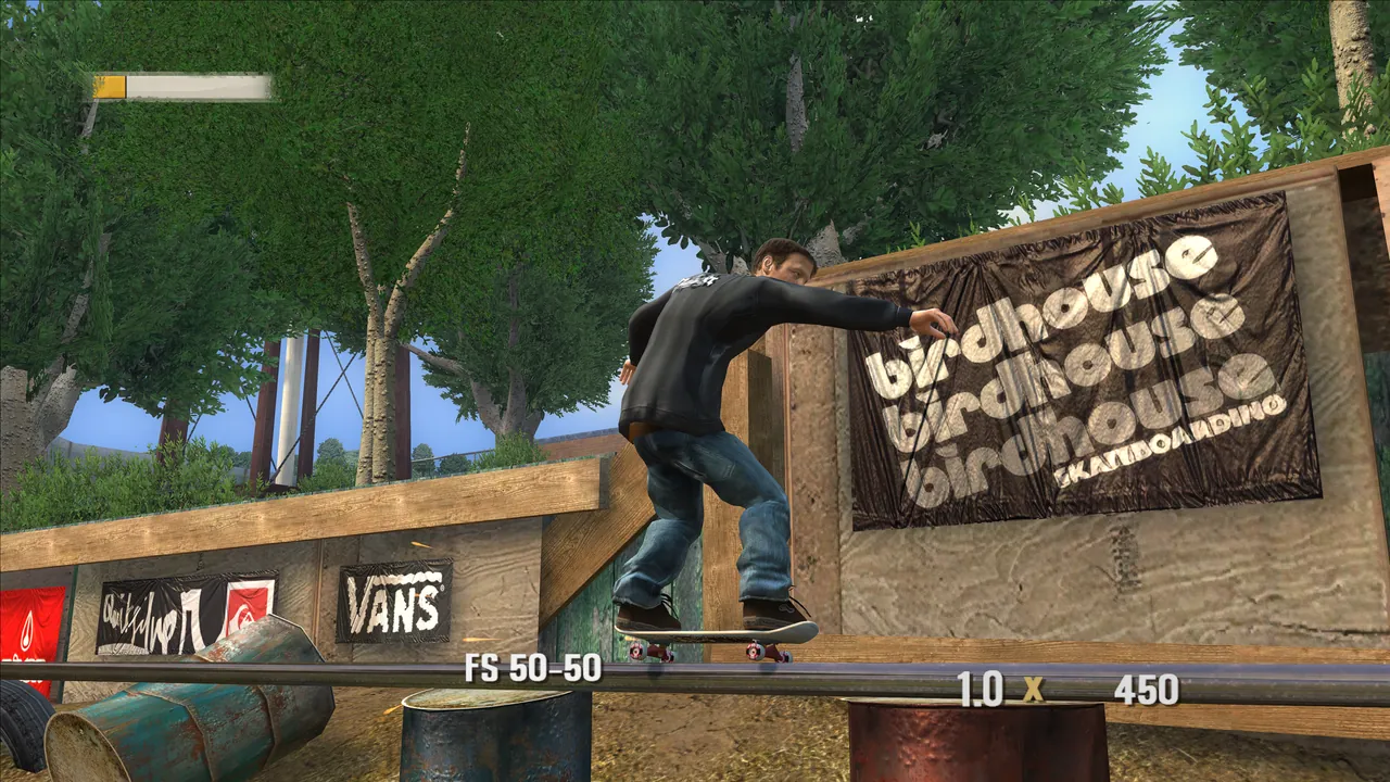 A frontside 50-50 grind on a backyard rail in Houses, with skate banners behind